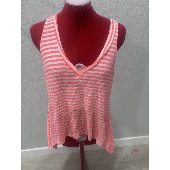 Striped Tank Top V Neck Sleeveless Casual Summer Beach Coral White - Picture 2 of 6